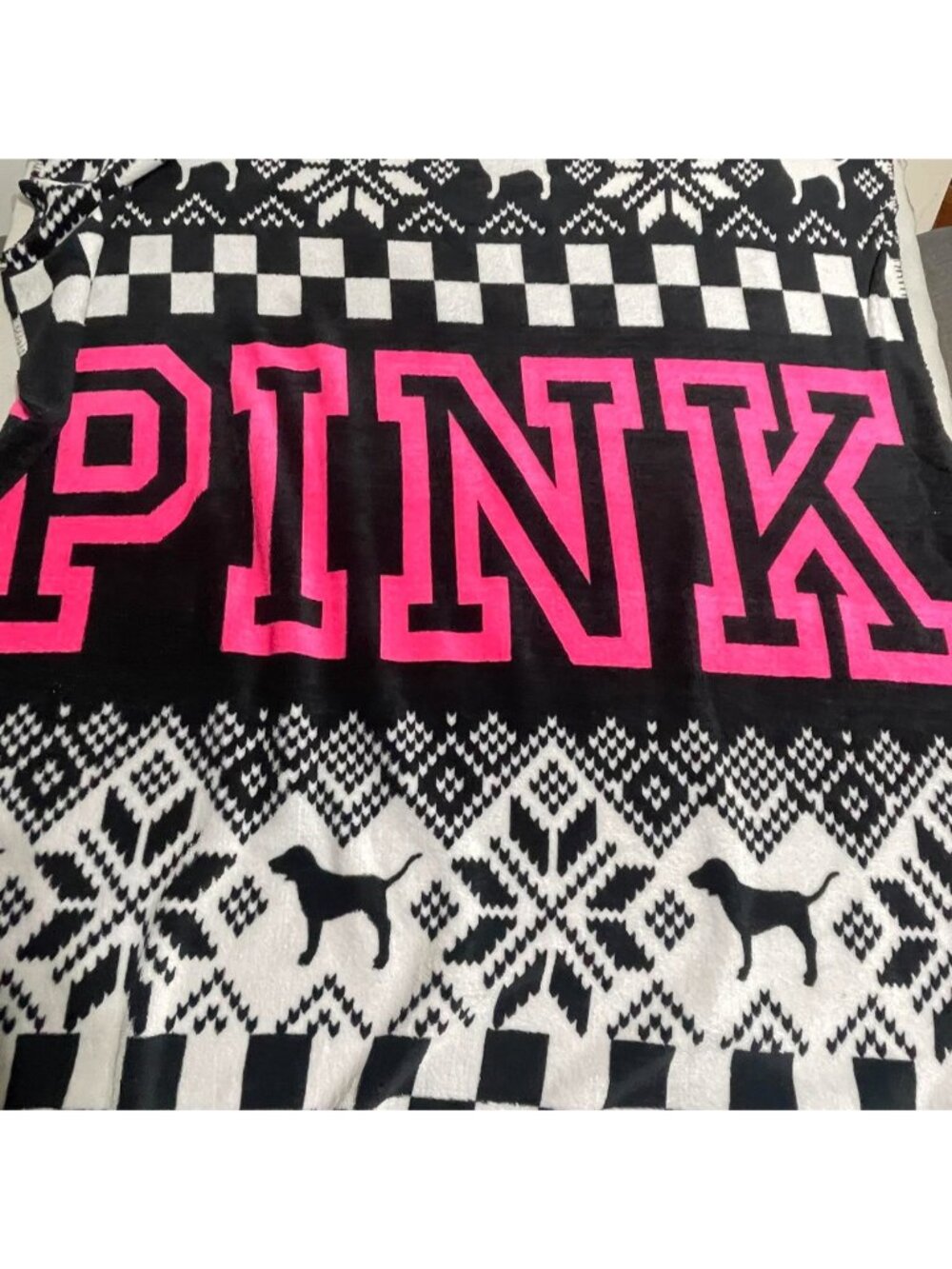 Victoria's Secret PINK black and white fleece blanket throw with pink 'PINK'